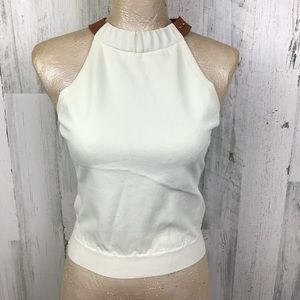 Erika Cavallini Cream Textured Sleeveless Tank Blouse Halter Top Belt Neck